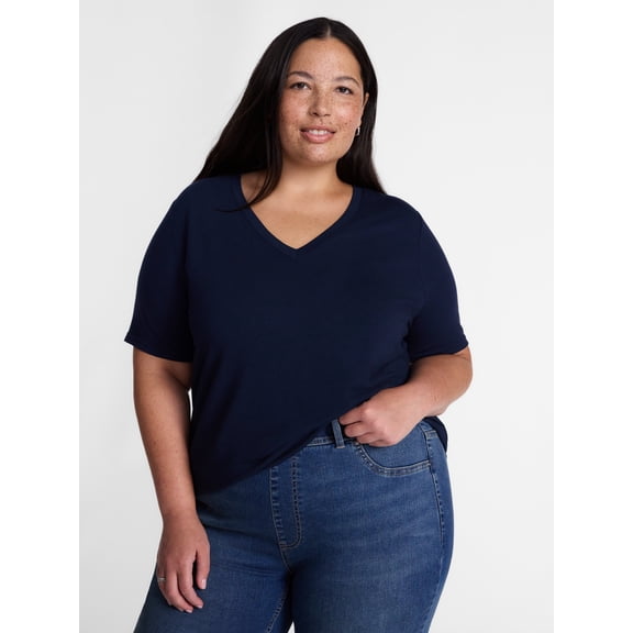 Terra & Sky Women's Plus Size V Neck Tee with Short Sleeves, Size 0X-5X