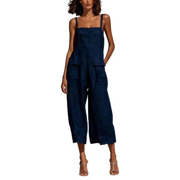 PEIBang Women's Wrinkle Resistant Solid Sling Romper,Sleeveless Square Neck Loose Flow Cropped Wide Leg Jumpsuit