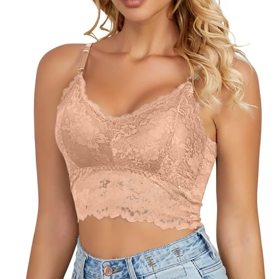 YUNCITY Lace Bralettes For Women Comfortable Padded Bra Adjustable Shoulder Straps Large Size Wrap Bra Comfy Bra Beige