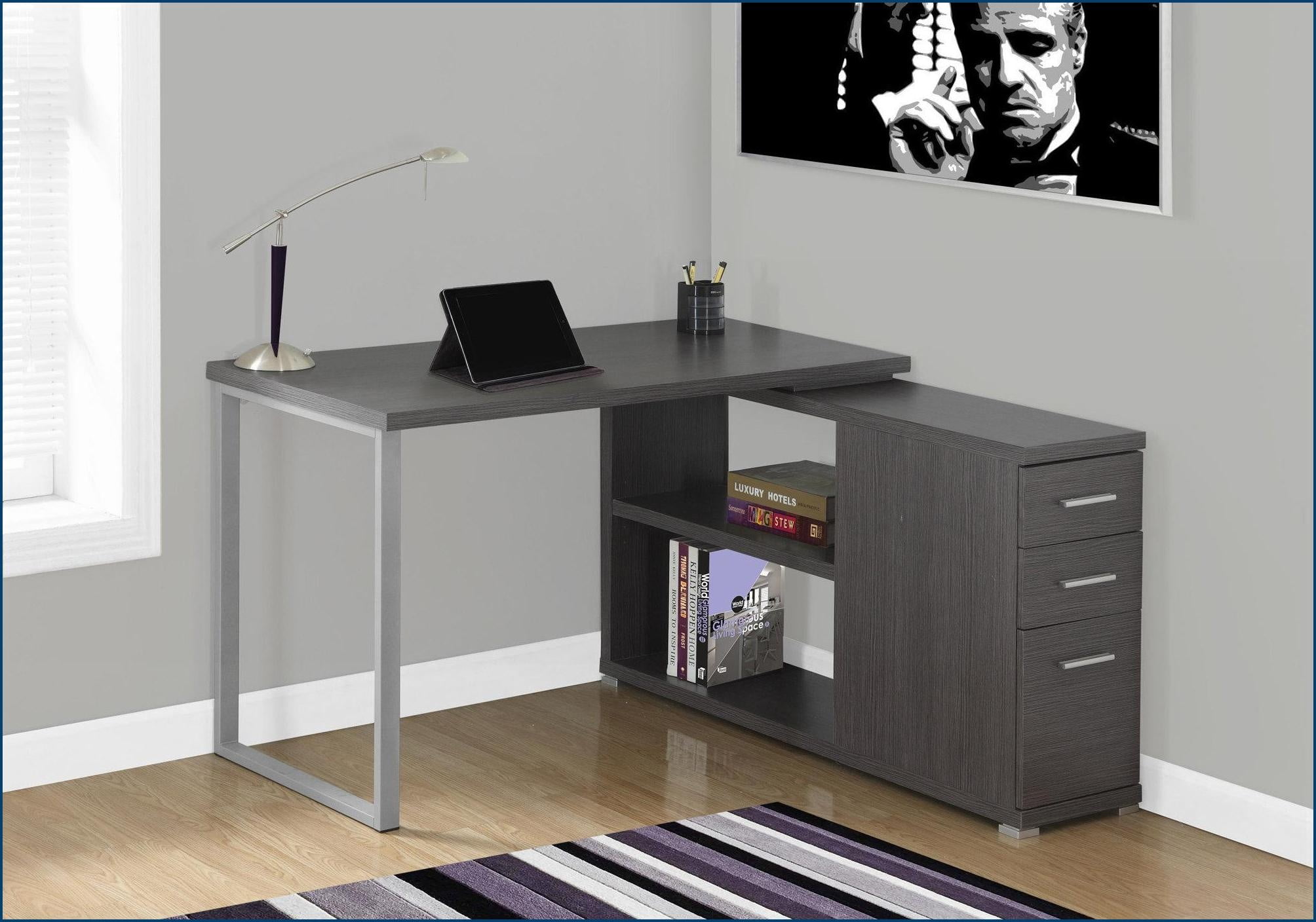 Desks, L-Shape Home Office Computer Desk with Left/Right Setup, Storage Drawers, Grey Laminate Metal, Modern | Grey | Particle Board