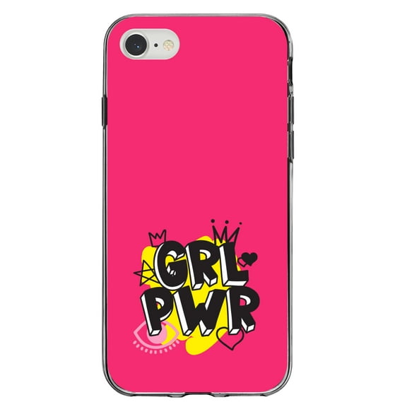 DistinctInk Clear Shockproof Hybrid Case for iPhone 7 8 SE (2020 Model) 4.7" Screen TPU Bumper Acrylic Back Tempered Glass Screen Protector - Girl Power - GRL PWR - Pink Yellow Black