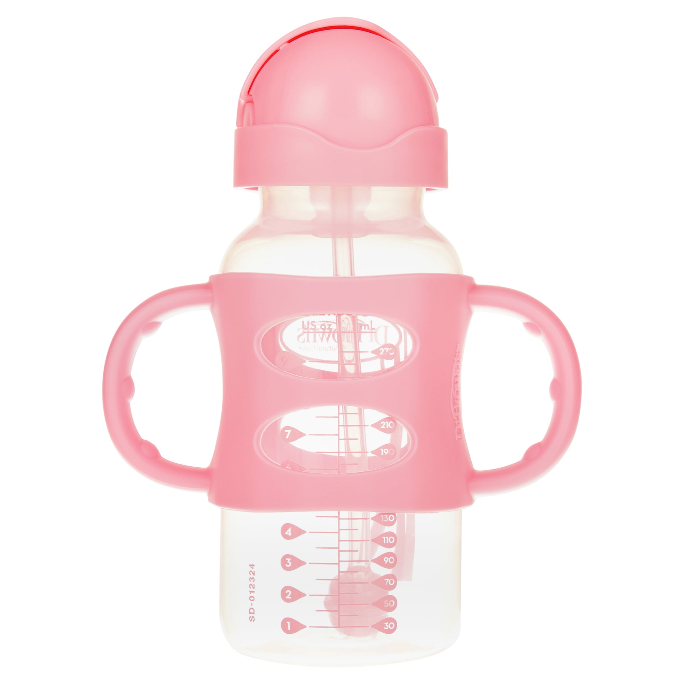Dr. Brown's Wide-Neck Sippy Straw Bottles with Silicone Handles, Gray and Pink, 9oz/270ml, 2-Pack