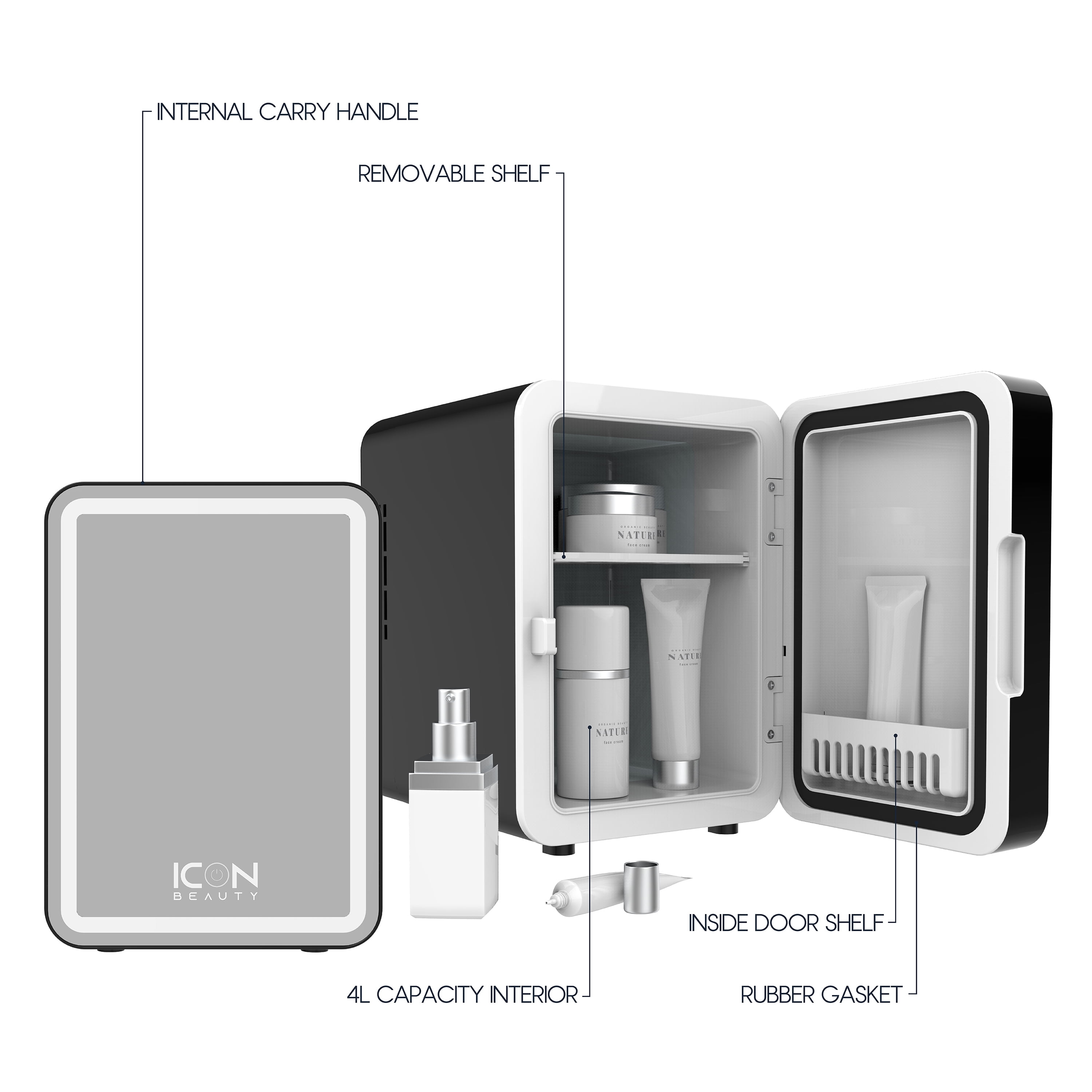 Icon Beauty Mini Fridge with LED Mirror 6.75in, 4-Liter Compact Mini Cooler with Standard Door, New