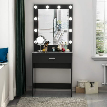 Tribesigns Vanity Set with Lighted Mirror, Makeup Vanity Dressing Table Dresser Desk for Bedroom, Black (10 Cool White LED