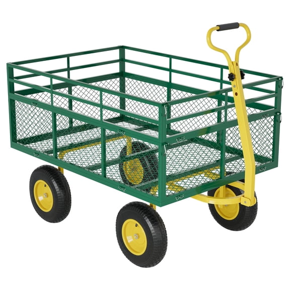 1400 LB. Steel Garden Cart, 3 in-1 Outdoor Metal Utility Wagon Cart with 13 in All-Terrain Tires, Mesh Removable Sides, and 180° Swivel Handle, Heavy Duty Pull-Along Garden Wagon Patio Trailer