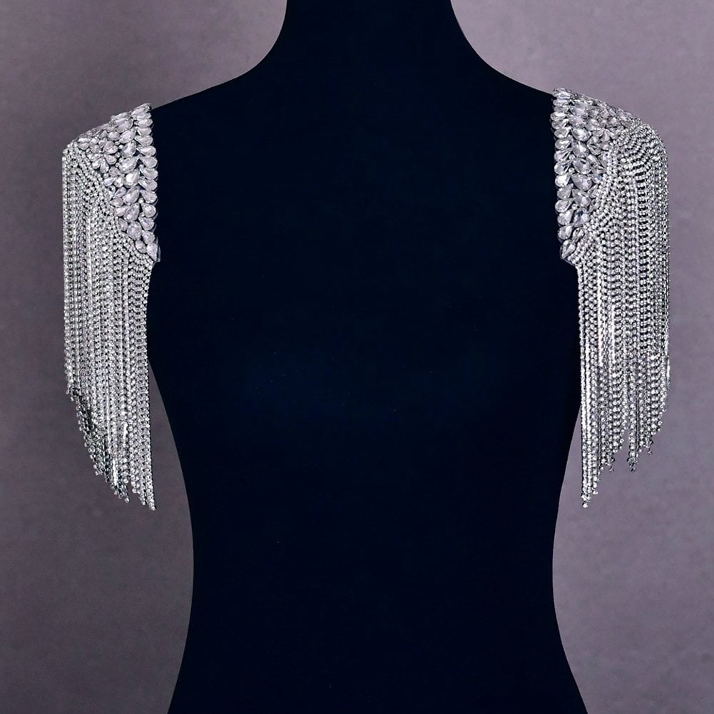 Jiibva 2 Pcs Rhinestone Tassel Shoulder Epaulet Crystal Fringe Chain Shoulder Badge Brooch Pins Appliques Patches for Men Women