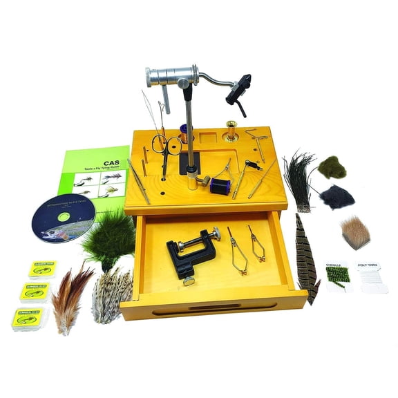 Creative Angler Wooden Fly Tying Station with Rotary Vise, Fly Tying Tools, and Fly Tying Materials