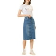 thumbnail image 2 of MODA NOVA Juniors Solid Elastic High Waist Back Vent Knee Length Denim Skirt, 2 of 5