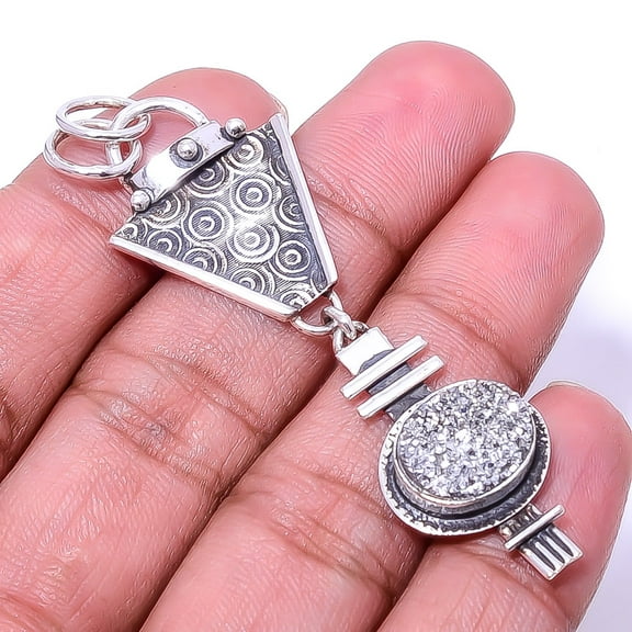 Silver Titanium Agate Drusy Oxidised 925 Sterling Silver Pendant 2.5" P17
