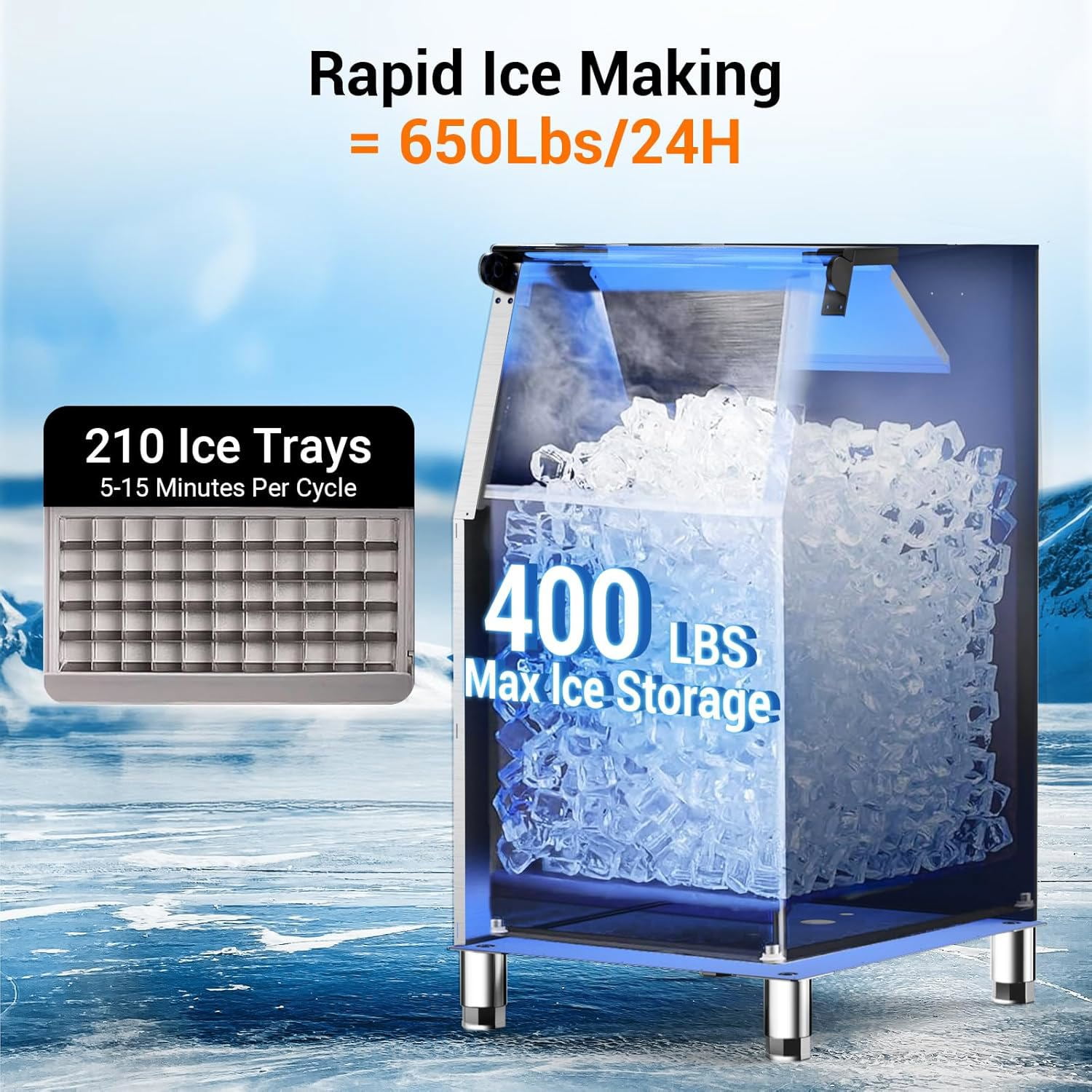 Joreek Commercial Ice Machine 650LBS/24H with 400LBS Storage Bin Large Industrial Ice Maker Self-Cleaning Timing Function 210 Ice Cubes in 5-15min, Adjustable Ice Thicknesses