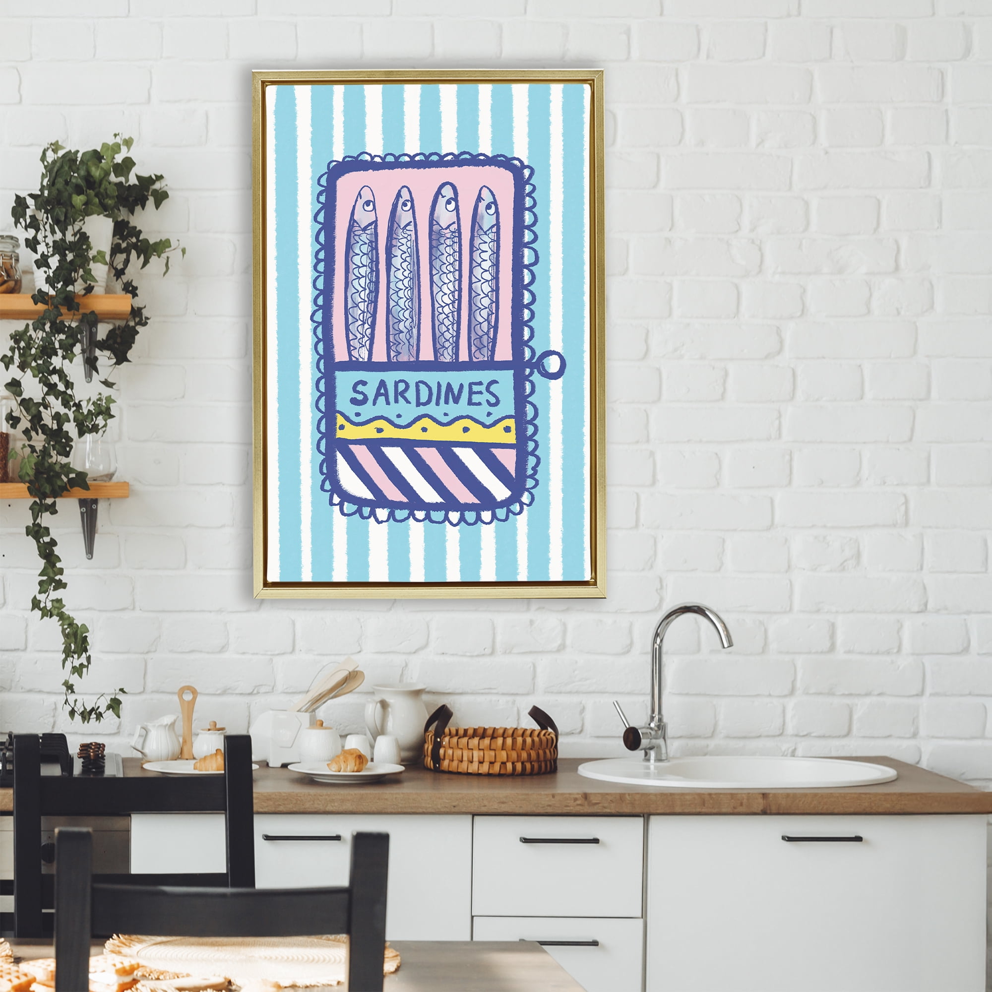Stupell Industries Pastel & Stripes Sardines Gold Framed Floater Canvas Wall Art, design by Florentina Dolci
