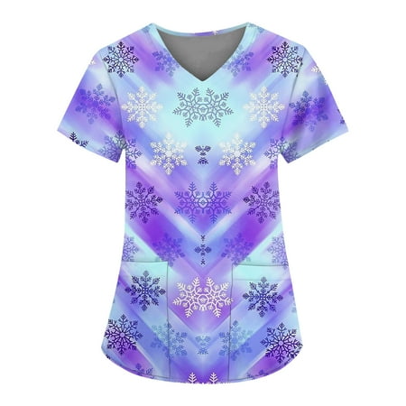 

Ovticza Womens Scrub Tops Christmas Snowflake with Pockets Xmas Short Sleeve Nursing V Neck Plus Size Soft Print Scrub Tops Women Christmas Blue 4XL