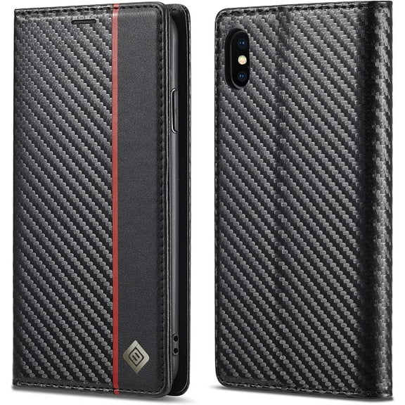 IPhone XR Case,Carbon Fiber Premium PU Leather Ultra Thin Shookproof Anti-Fall Folding Screen Phone case Compatible with iPhone XR,Vertical Red Line