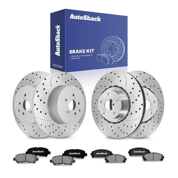 AutoShack Front Vented & Rear Solid Drilled & Slotted Silver Zinc Coated Brake Rotors   Ceramic Pads 12-PC Brake Kit Replacement for 2014 Toyota Highlander SilverShield Pro