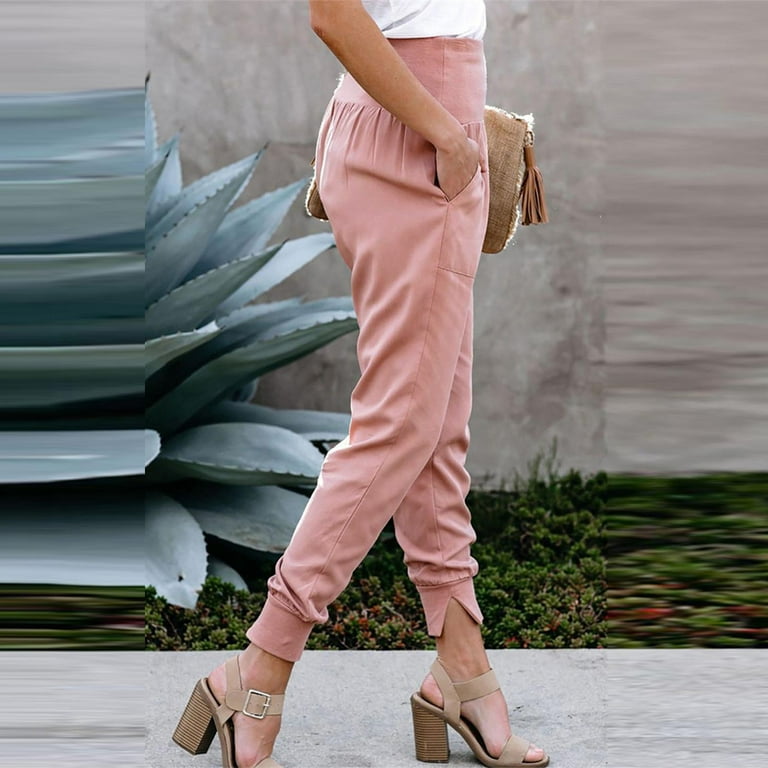 Hfyihgf Women's Jogger Pants High Waisted Sweatpants with Pockets Tapered  Casual Slit Hem Lounge Work Pants(Pink,S)