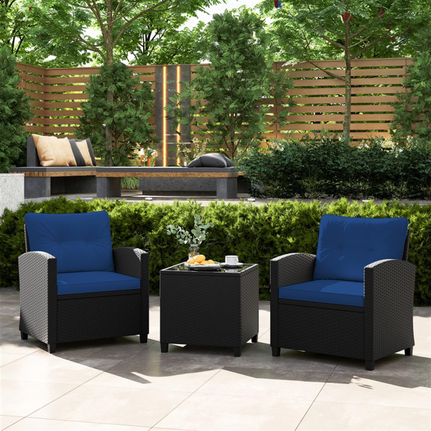 Demi Bonn 3 Pieces Rattan Patio Furniture Set with Washable Cushion, Conversation Armchairs for Garden Poolside Balcony, Navy