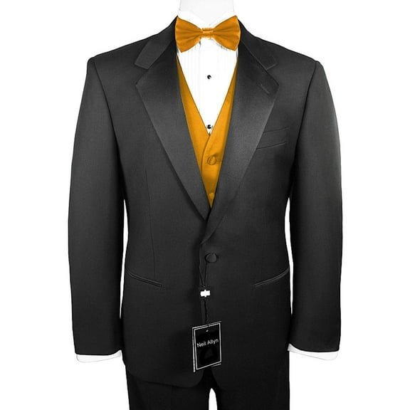 Neil Allyn 7-Piece Formal Tuxedo with Flat Front Pants, Shirt, Honey Gold Vest, Bow-Tie & Cuff Links. Prom, Wedding, Cruise