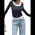 thumbnail image 1 of Camisetas de Larga con Cuello Redondo para Mujer, Informales, de Dos Piezas, Ajustadas, de Punto Acanalado, para Verano y Otoño. Gris Oscuro M, 1 of 8