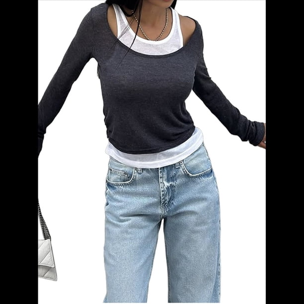 Camisetas de Larga con Cuello Redondo para Mujer, Informales, de Dos Piezas, Ajustadas, de Punto Acanalado, para Verano y Otoño. Gris Oscuro L