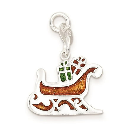Sterling Silver Enameled Santa's Sled Polished Flat back Charm Pendant 30mmx20mm