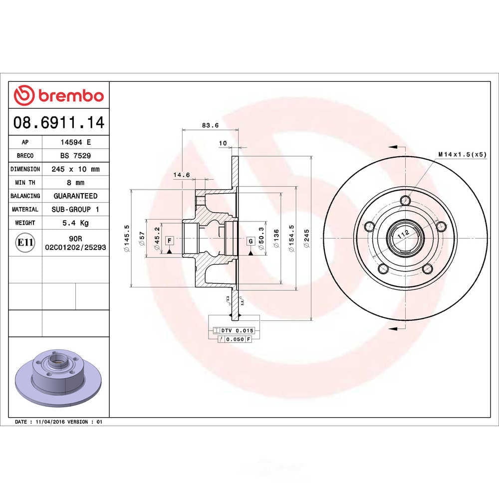 Brembo 08.6911.14 Premium Rear Brake Rotor