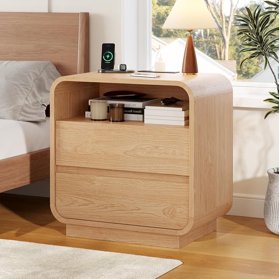 Afuhokles Modern Nightstand with Charging Station and 2 Drawers, Curved Profile Design, Natural Oak