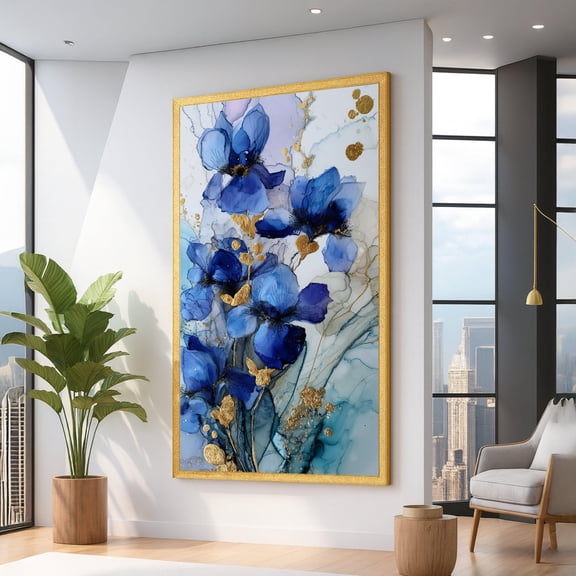 Elegant Blue Floral Wall Art, Abstract Flowers With Gold Accents, Modern Botanical Decor, Luxury Home Decoration, Ready To Hang UNFRAMED Poster, Wall Art for Decor, Present, 8x12