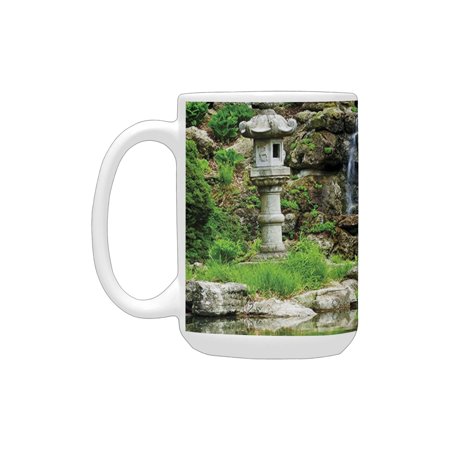 

Japanese Decor Collection Cascading Waterfall and Pond under Bridge Reflections of Flowers in the Wa Ceramic Mug (15 OZ) (Made In USA)
