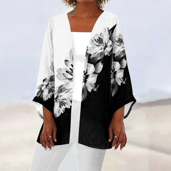 Alitao Womens Cardigan Button Down Shirts 2024 Retro Print 3/4 Sleeve Cardigans Lightweight Blouse Tops Coat Casual Duster Jackets Long Sleeve Shirts Fall Outfits Black S