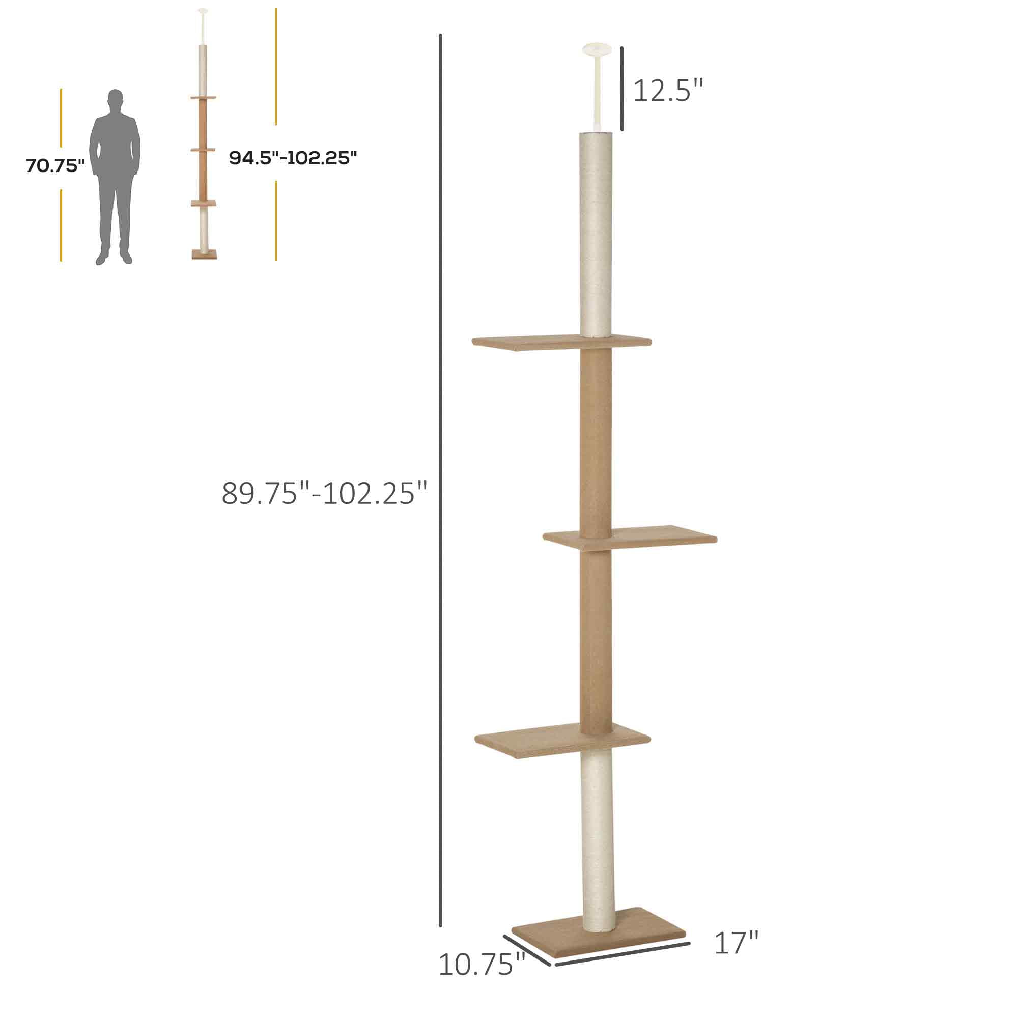 ZephyPaws 89 in Tall Cat Tree Wall Mount,16in Top Perch Bed for Large Adult Cats, Adjustable Cat Tower Floor to Ceiling for Scratch,Climb and Lookout,Brown White