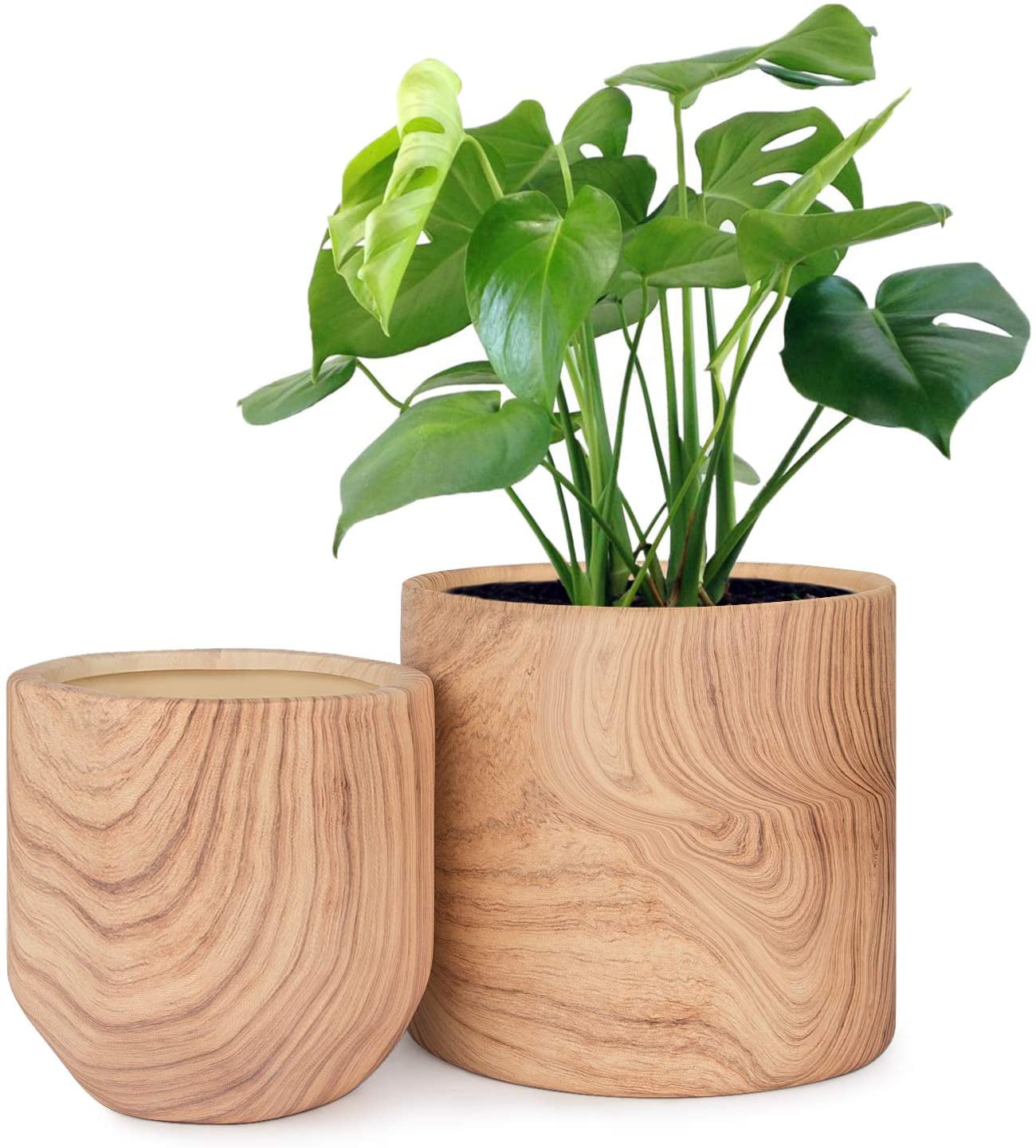 DecorX Plant Pots Indoor 6/4.8 inch Pack 2, Ceramic Planter Flower Pots with Natural Wood