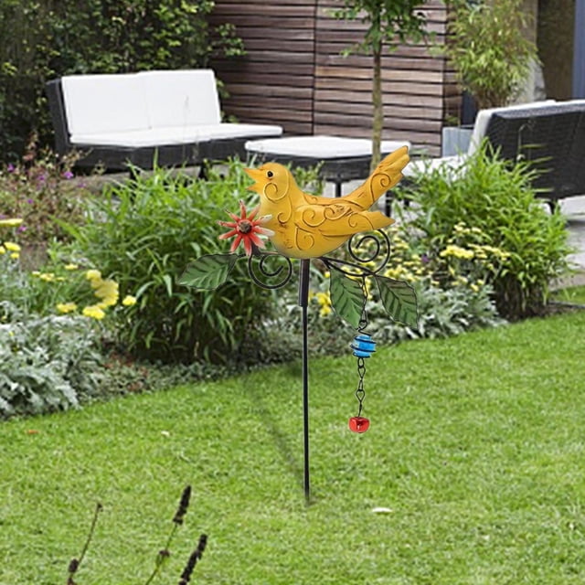 Estaca de metal para jardín shamjiam campana de viento decorativa estatua de pájaro amarillo