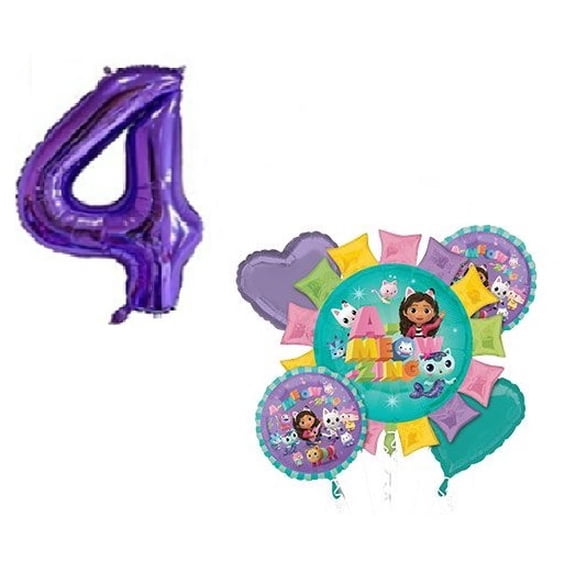 Gabby's Dollhouse 4th #4 Happy Birthday 6 Piece Bouquet Party Supplies Decorations.
