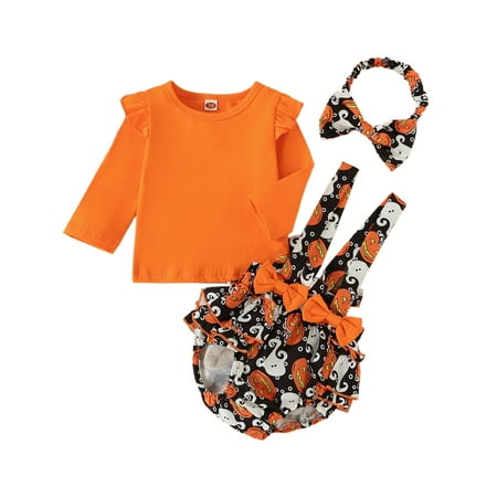 

Colisha Casual Home Halloween Outfits Girls Loose Suspender 3Pcs Outfit Suit Cute Pumpkin Printed Dresses Set Orange Red 90cm
