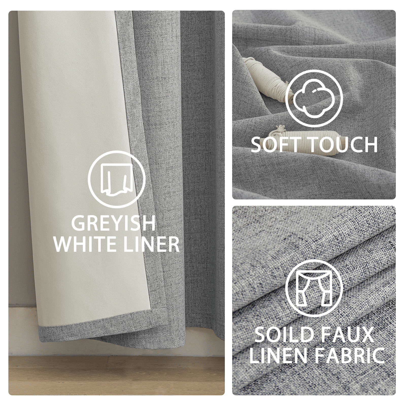 Yakamok 100% Blackout Dove Grey Linen Curtains 90 Inches Long for Living Room, Room Darkening Textured Curtains for Bedroom with White Liner 2 Panels