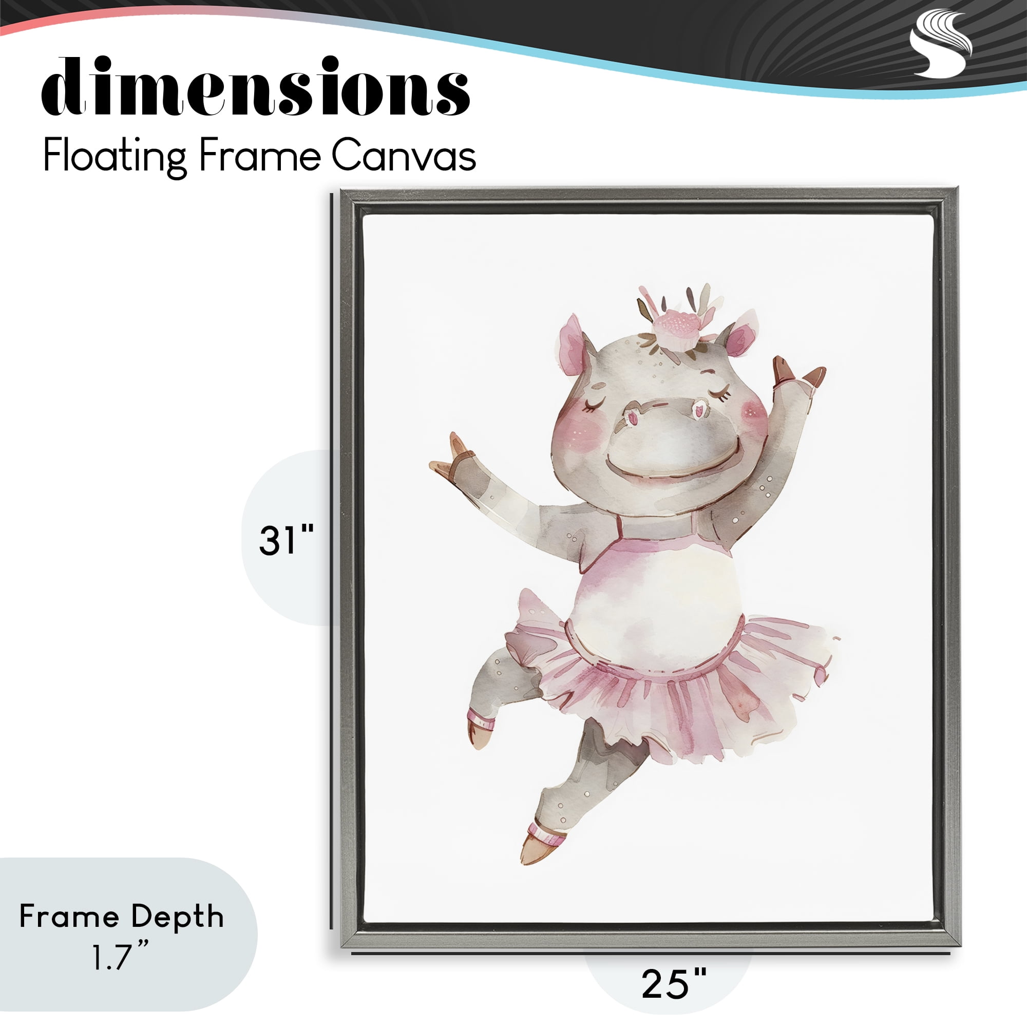 Stupell Industries Ballerina Hippo in Tutu Gray Framed Floater Canvas Wall Art, design by LSR Design Studio