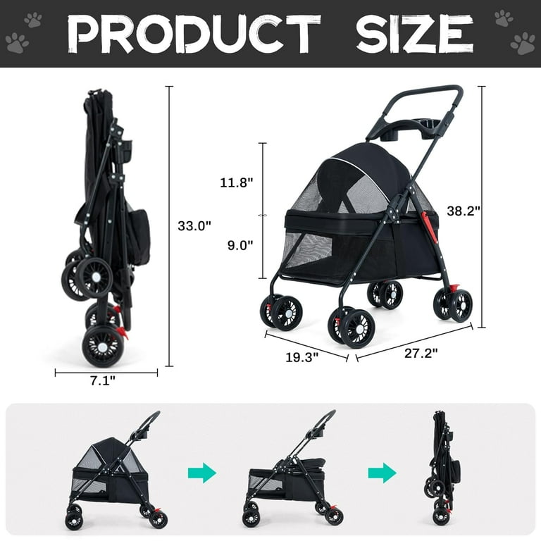 Pet Stroller 4 Wheels - Foldable Dog Cat Stroller With Storage Basket, Cup Holder, Breathable Mesh For Small & Medium Pets