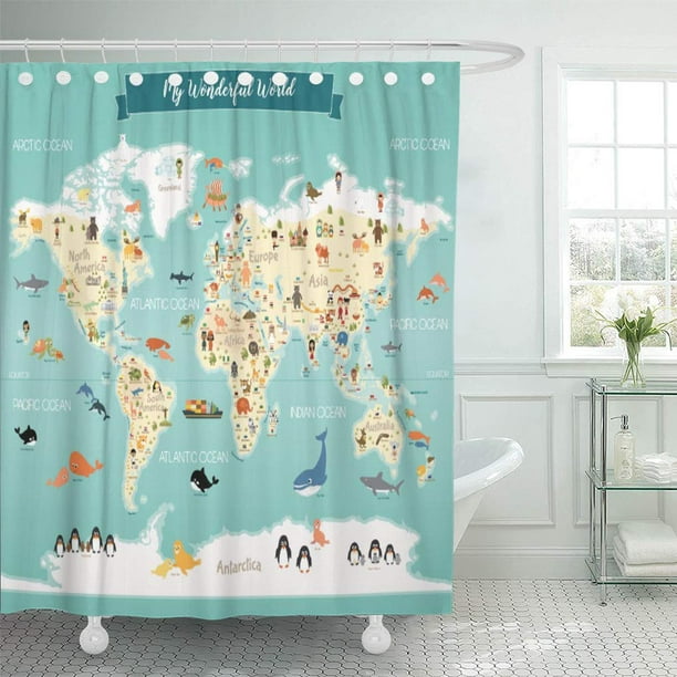 Cynlon Kids Children World Map Atlas, World Map Shower Curtain Fabric