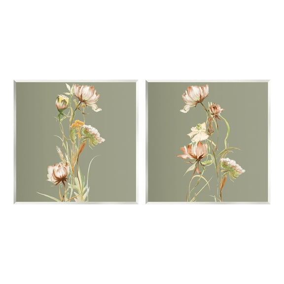 Stupell Industries Classic Blooms on Green Botanical & Floral Painting Unframed Art Print Wall Art, 12 x 12, Set of 2