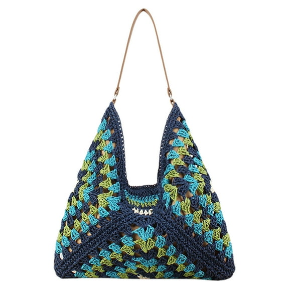 Pohot Women Handmade Woven Bags Large Capacity Crochet Hobo Bags Knitted Shoulder Bag Patchwork Hasp Closure for Outdoor Travel