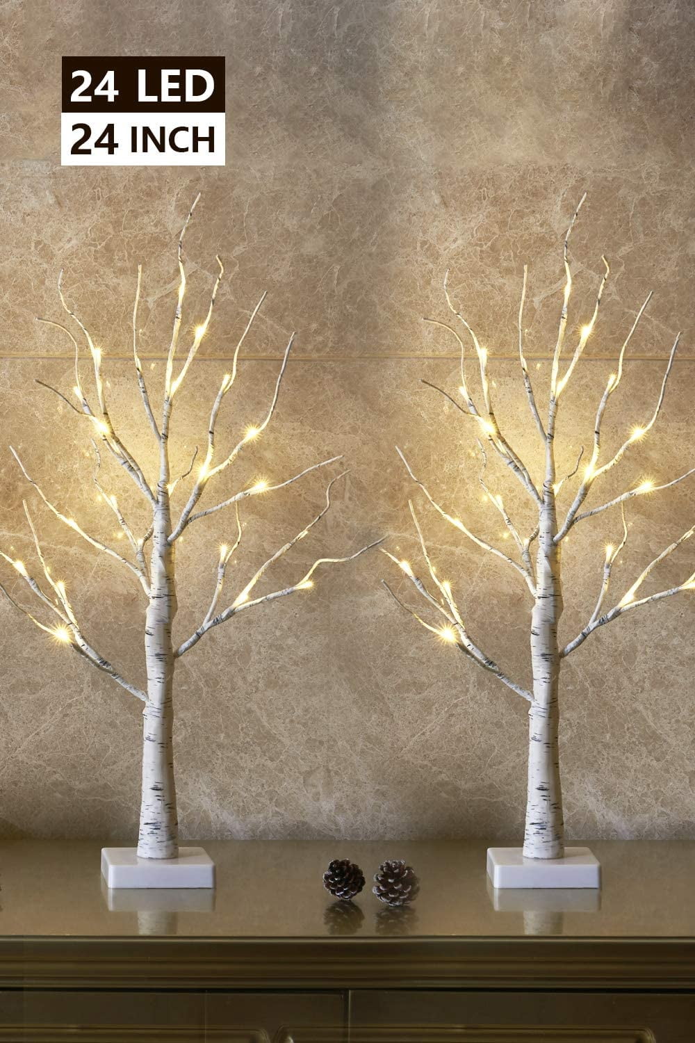 Set of 2 EAMBRITE 2FT 24LT Warm White LED Birch Tree