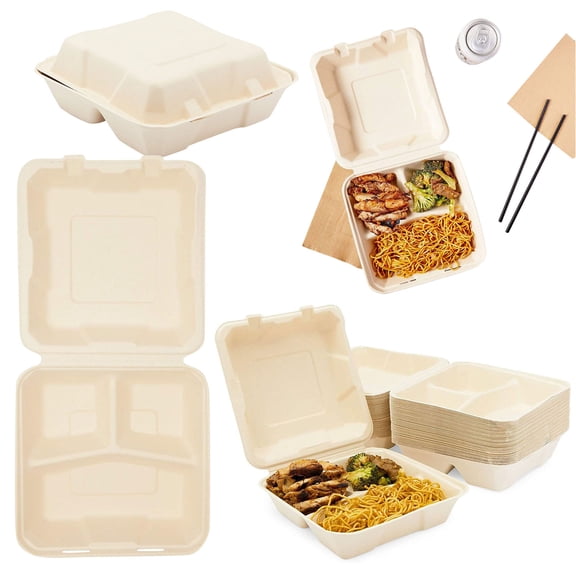 Eco-Friendly Disposable Lunch Boxs 50 Pack Sugarcane Fiber Takeout Containers Sturdy Leak-Proof Clamshell for Hot Foods (8In)
