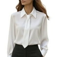thumbnail image 2 of Women's French Collar Long Sleeve T-Shirt with Matching Tie, Solid Color Business Casual Blouse, Elegant Pullover Top for Work, Office, Fall Spring Daily Outfits White M, 2 of 9