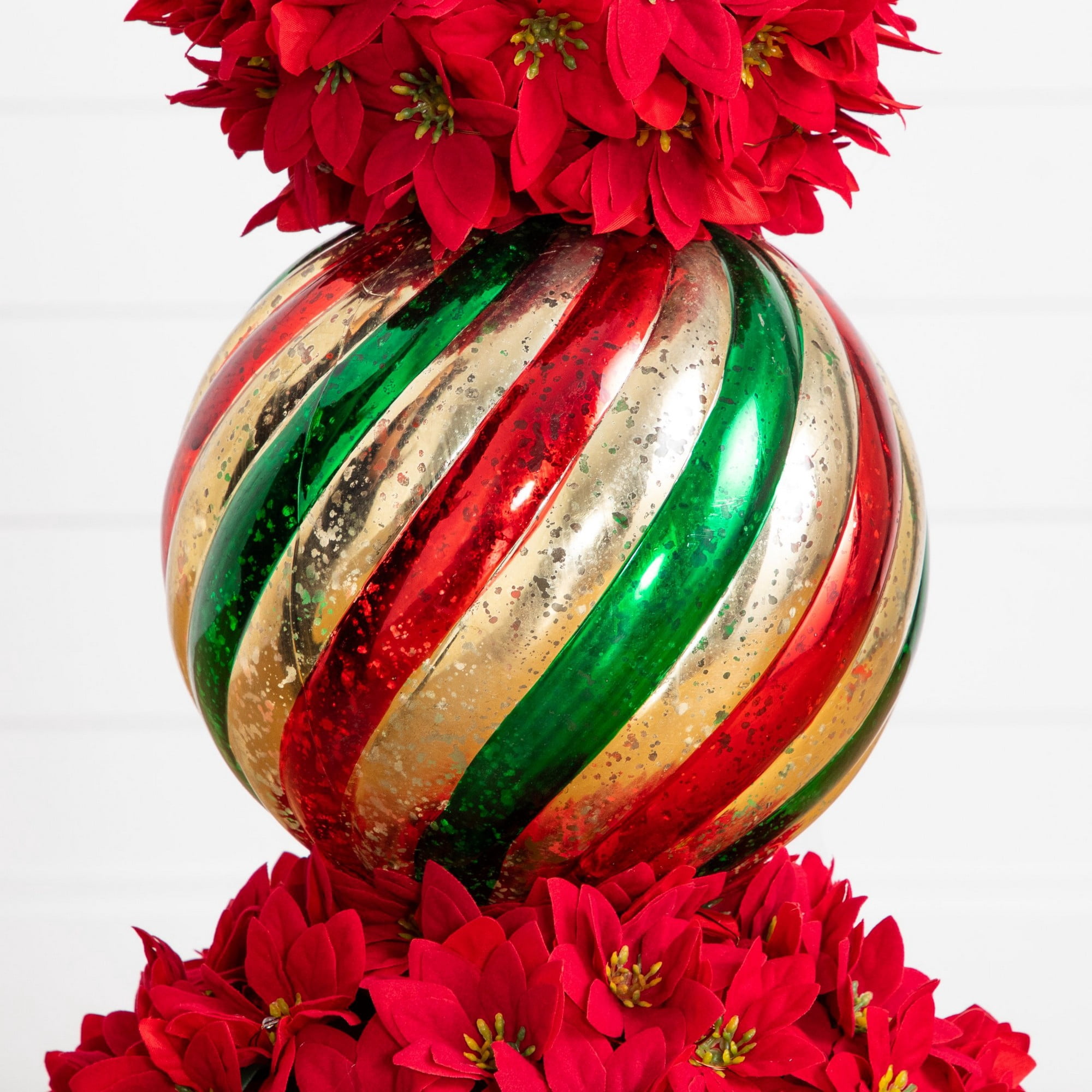 3ft. Pre-Lit Artificial Christmas Poinsettia Topiary Tree with Finial Ornament and 70 LED Lights in Decorative Urn