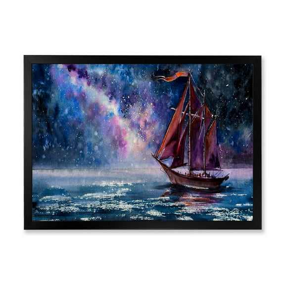Designart 'Red Sails & Bright Night Sky With Wooden Sailboat' Nautical & Coastal Framed Art Print