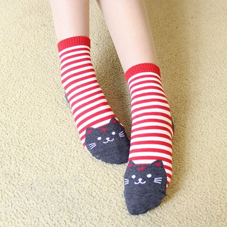 

Ocuuer 2pcs Funny Cute Stripe Calf High Socks Women Cotton School Socks (Red)