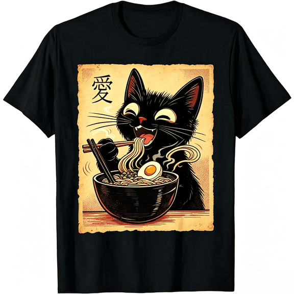 [100% Cotton] Trendy Graphic Funny T-Shirt - Funny Cat Ramen Graphic Tee Japanese Kawaii Anime Cat T-Shirt - Men Women Loose Sports T-Shirt Golf Gift T-Shirt For Men And Women