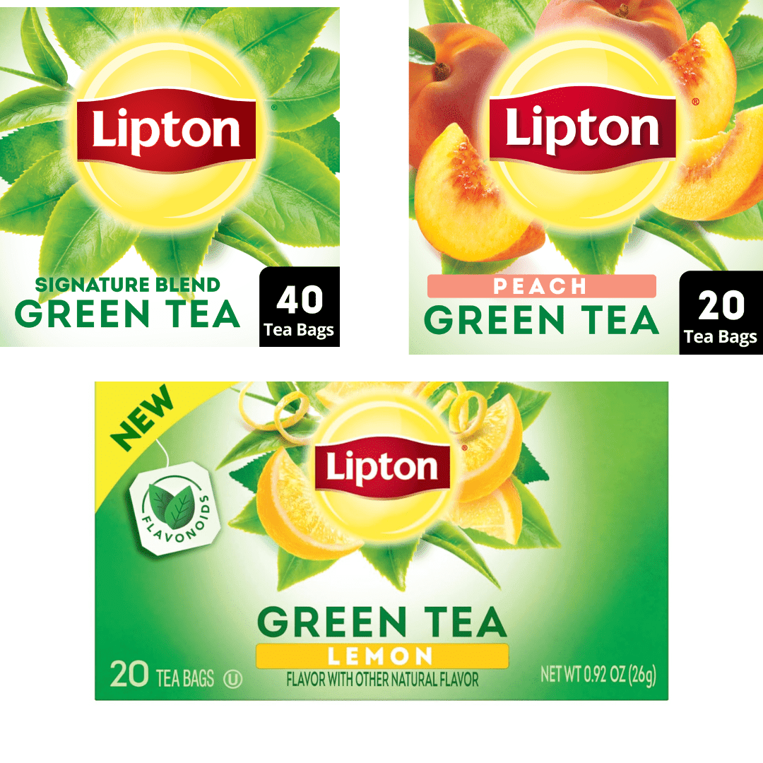 Lipton Best of Three Green Tea Flavors containing Lemon, peach and Signature Green tea with Hint of Jasmine Bundle of 3