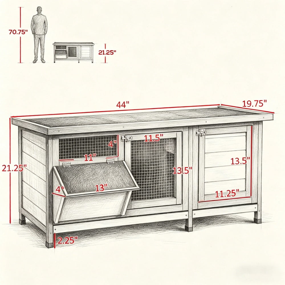 2-Tier Fir Wood Rabbit Hutch, Weatherproof Asphalt Roof Small Animal Cage with Pull Out Trays, Predator Resistant Steel Wire Bunny House for Rabbits Guinea Pigs Backyard Garden Use
