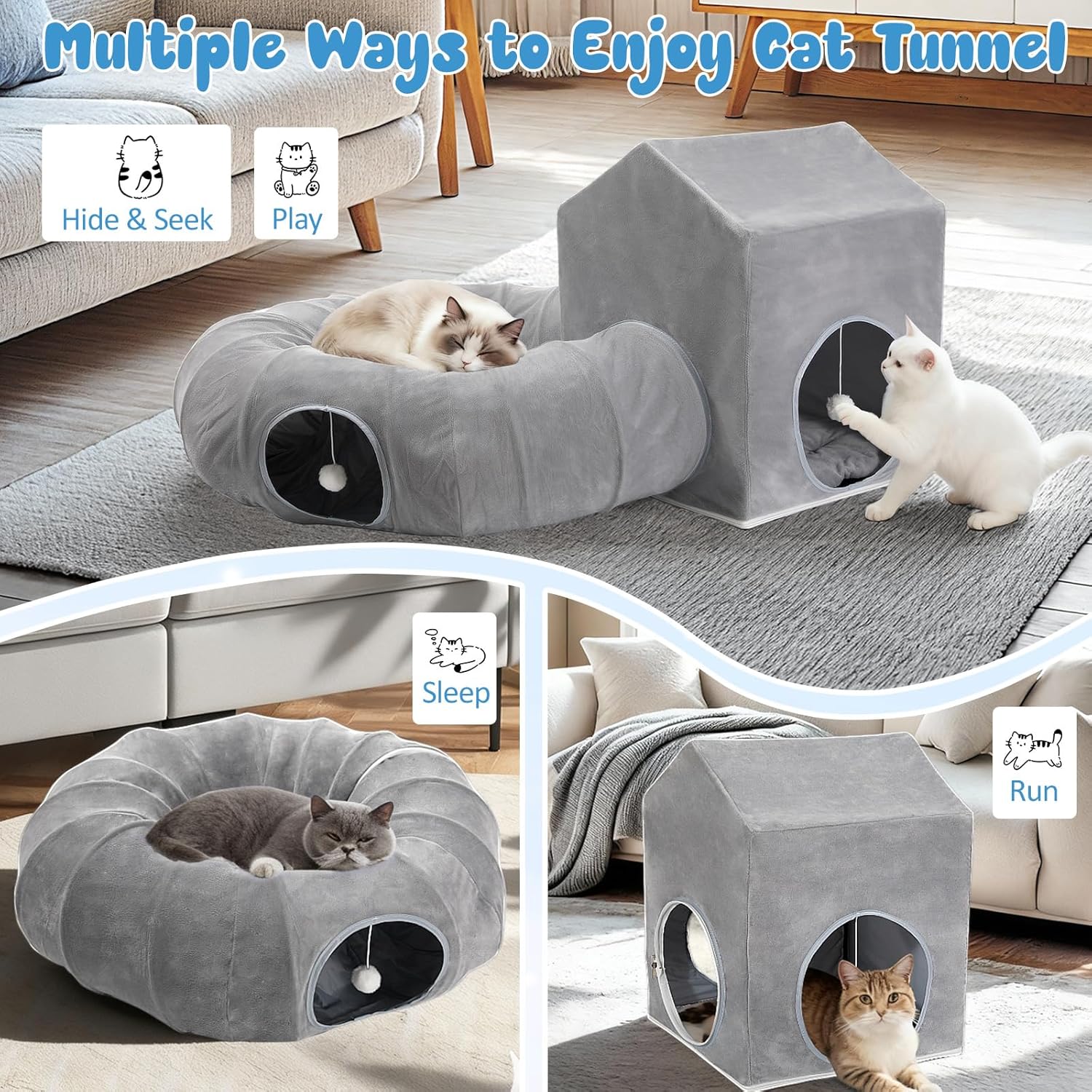 Pawaboo Cat Tunnel Bed, Cat Donut Tube with Square House, Soft Plush Cats Cave Tunnels with Washable Cushions, Foldable Kitten Bed Hideout with Fluffy Balls for Indoor Cats Rabbit Ferret, Dark Gray